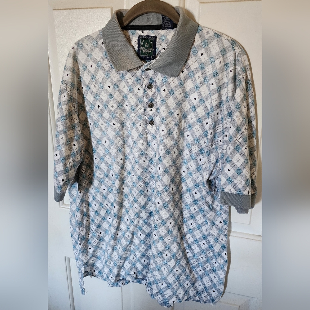 Vintage Grand Slam Tour Golf Polo Short Sleeve Diamond Pattern Shirt Size L